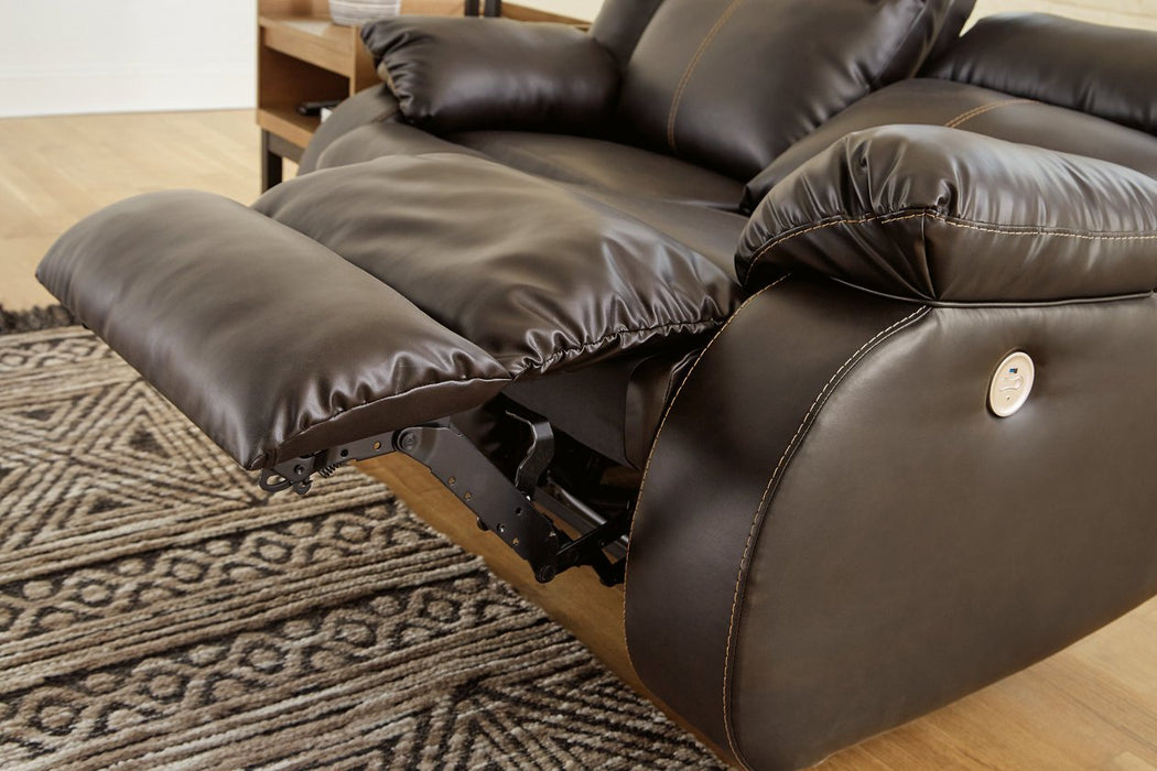 Denoron Chocolate Power Reclining Loveseat - Lara Furniture