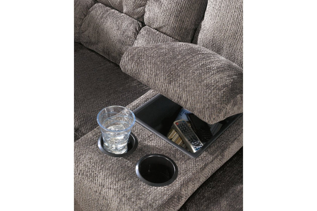 Acieona Slate Reclining Loveseat with Console - Lara Furniture