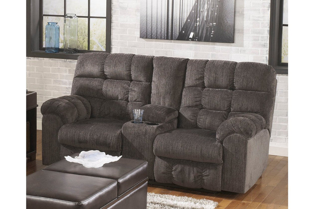 Acieona Slate Reclining Loveseat with Console - Lara Furniture