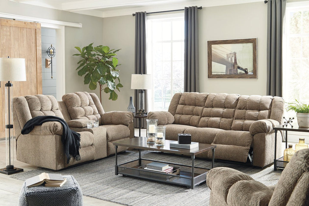 Workhorse Cocoa Reclining Loveseat with Console - Lara Furniture