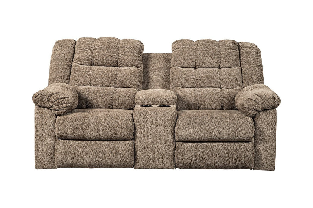 Workhorse Cocoa Reclining Loveseat with Console - Lara Furniture