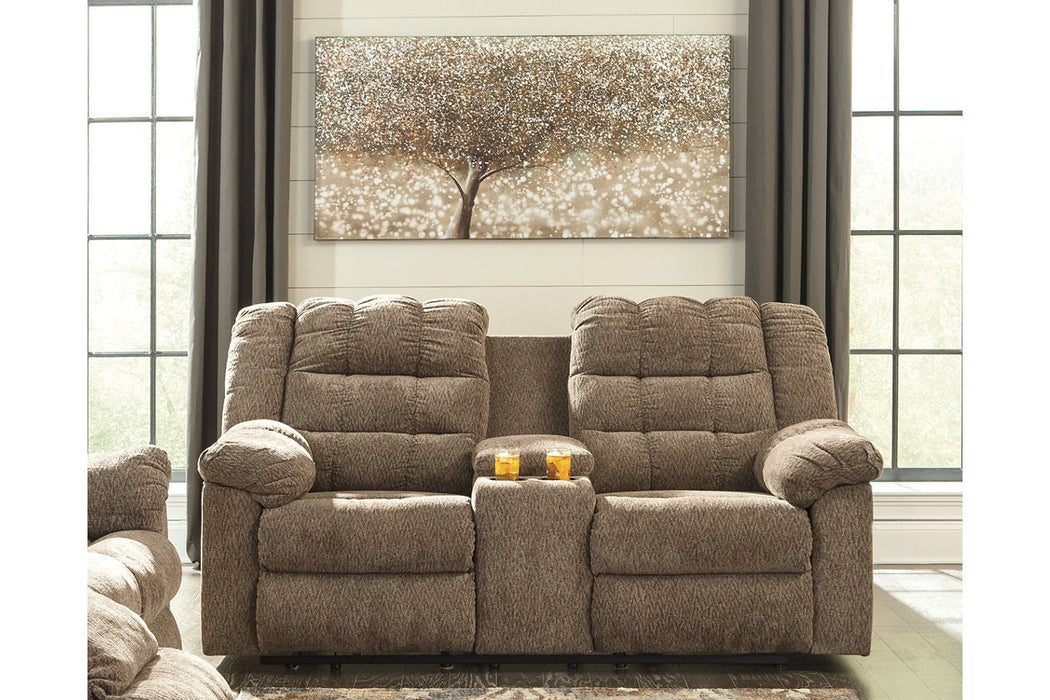 Workhorse Cocoa Reclining Loveseat with Console - Lara Furniture