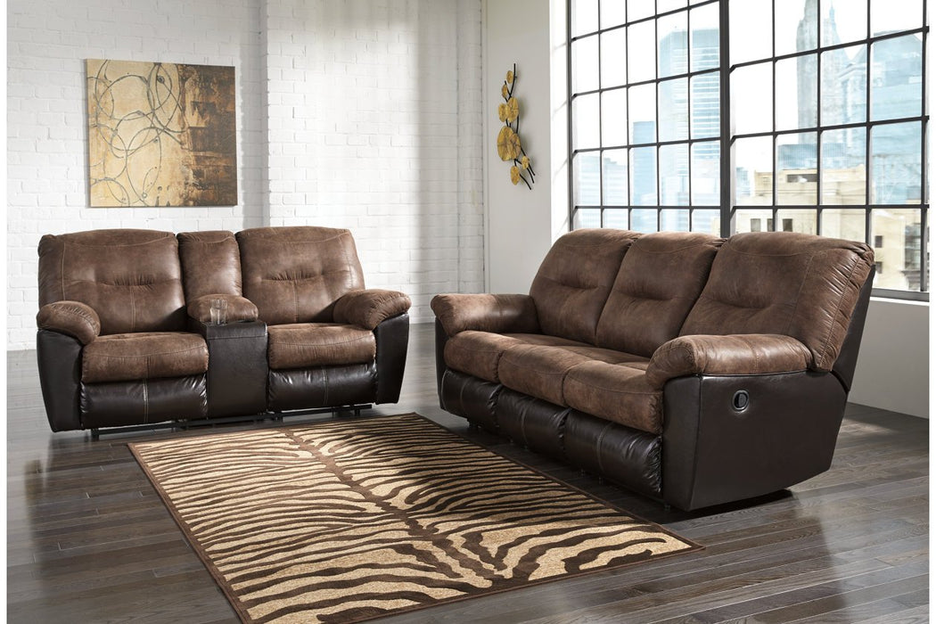 Follett Coffee Reclining Loveseat with Console - Lara Furniture