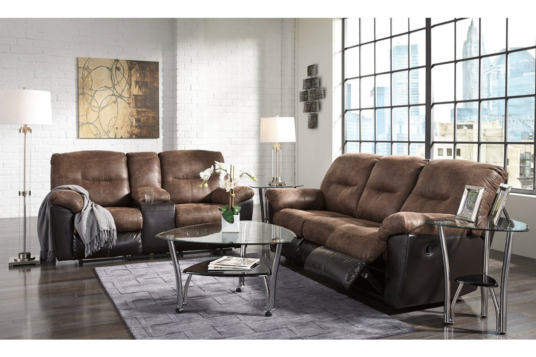 Follett Coffee Reclining Loveseat with Console - Lara Furniture