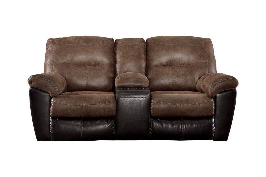 Follett Coffee Reclining Loveseat with Console - Lara Furniture