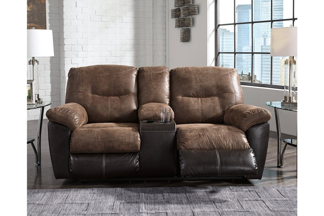 Follett Coffee Reclining Loveseat with Console - Lara Furniture