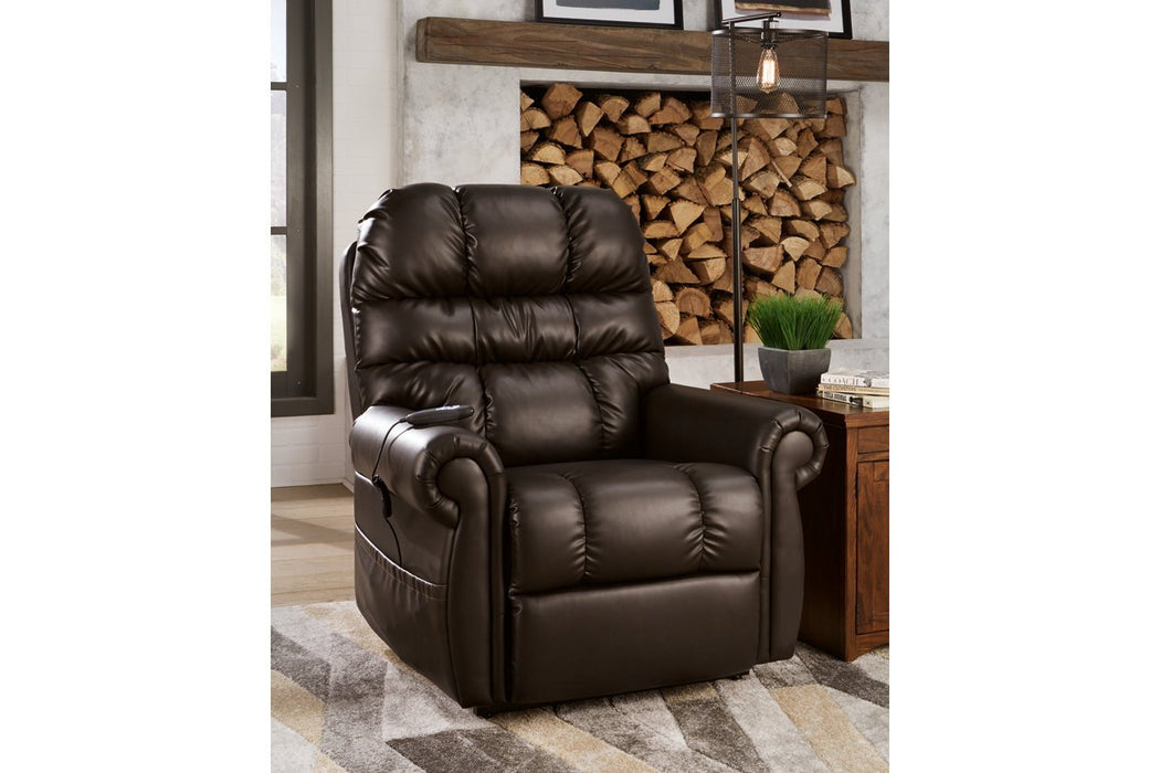 Mopton Chocolate Power Lift Recliner - Lara Furniture