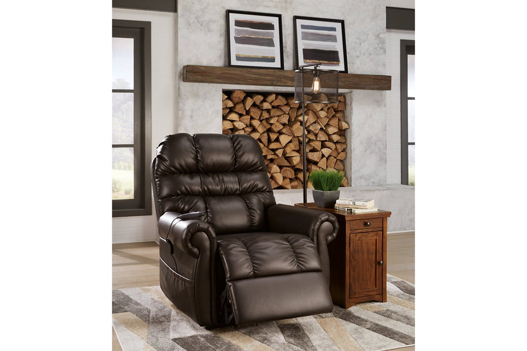 Mopton Chocolate Power Lift Recliner - Lara Furniture