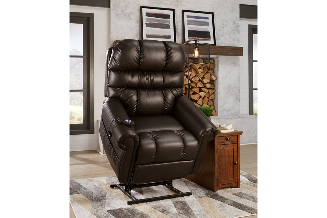 Mopton Chocolate Power Lift Recliner - Lara Furniture