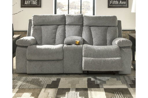 Mitchiner Fog Reclining Loveseat with Console - Lara Furniture