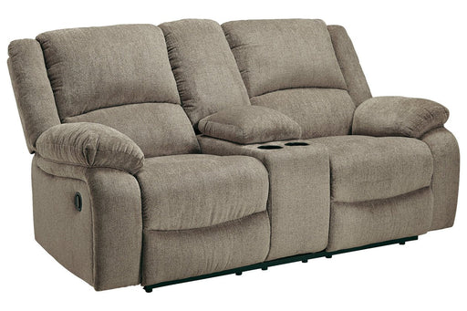 Draycoll Pewter Reclining Loveseat with Console - Lara Furniture