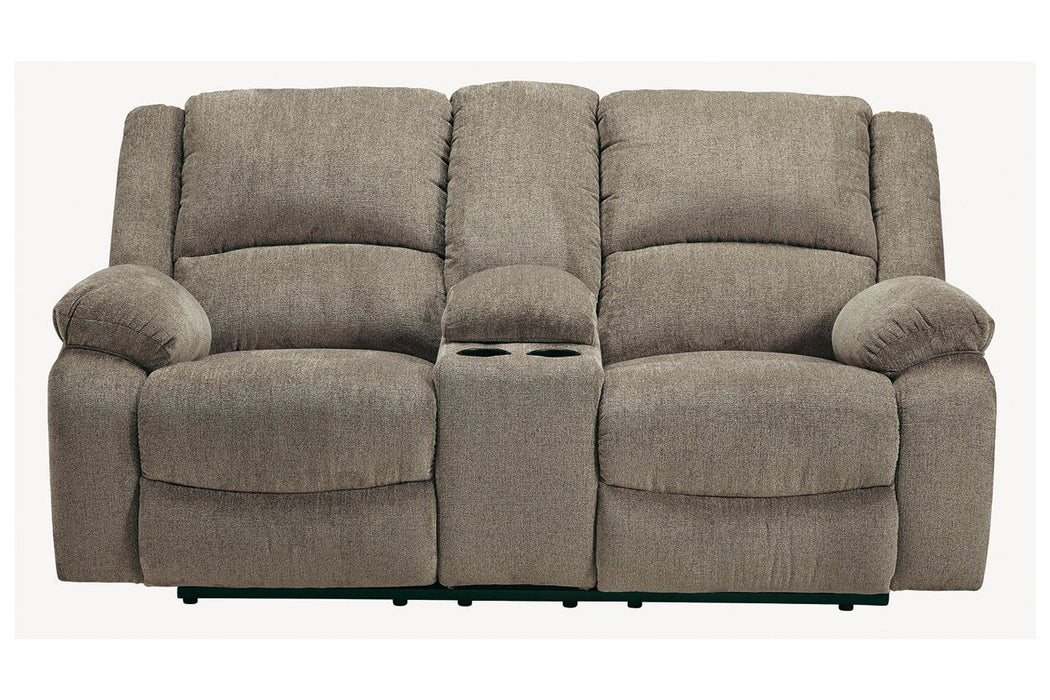 Draycoll Pewter Reclining Loveseat with Console - Lara Furniture