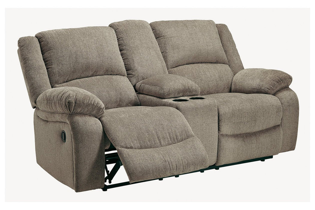 Draycoll Pewter Reclining Loveseat with Console - Lara Furniture