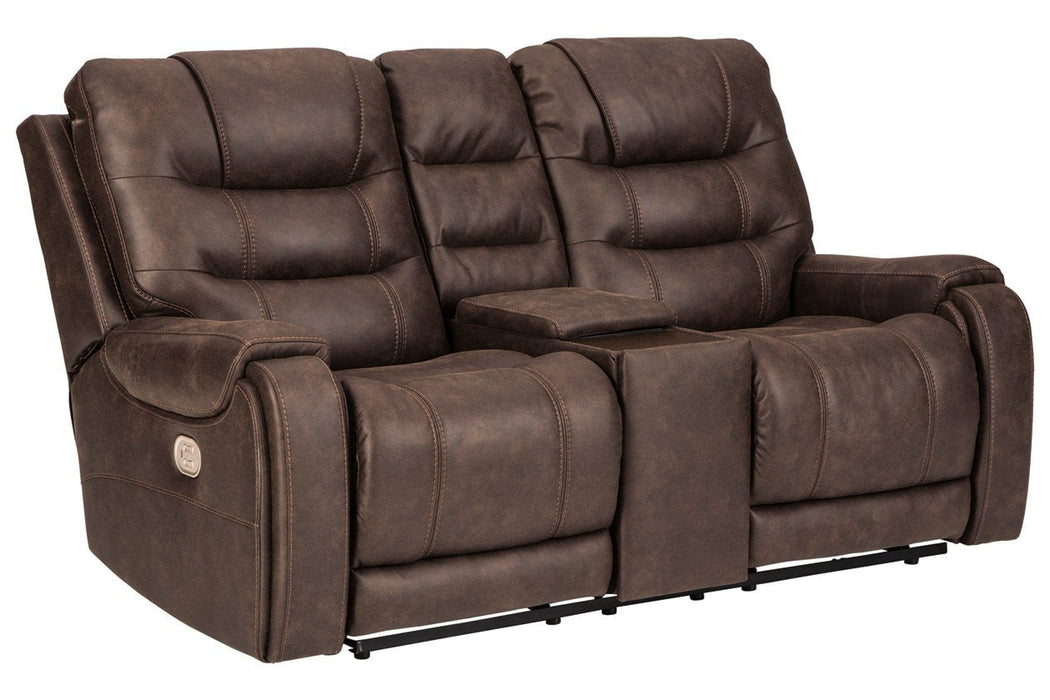 Yacolt Walnut Power Reclining Loveseat with Console - Lara Furniture