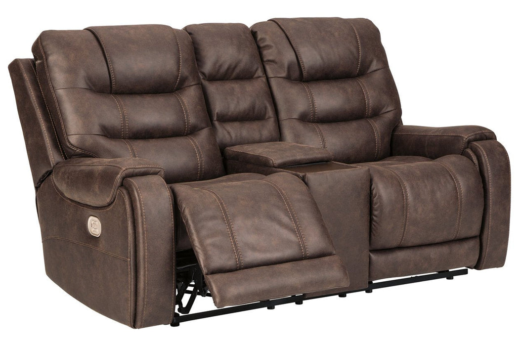 Yacolt Walnut Power Reclining Loveseat with Console - Lara Furniture