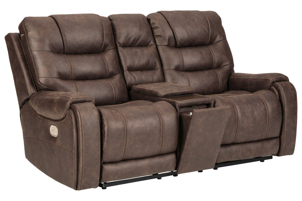 Yacolt Walnut Power Reclining Loveseat with Console - Lara Furniture