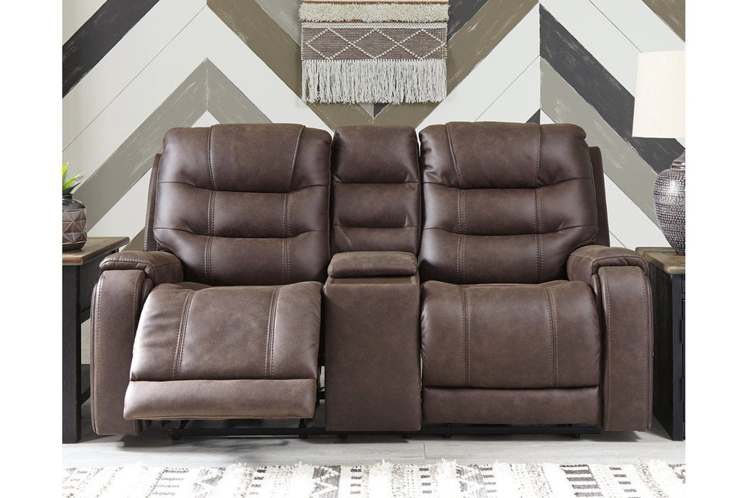 Yacolt Walnut Power Reclining Loveseat with Console - Lara Furniture