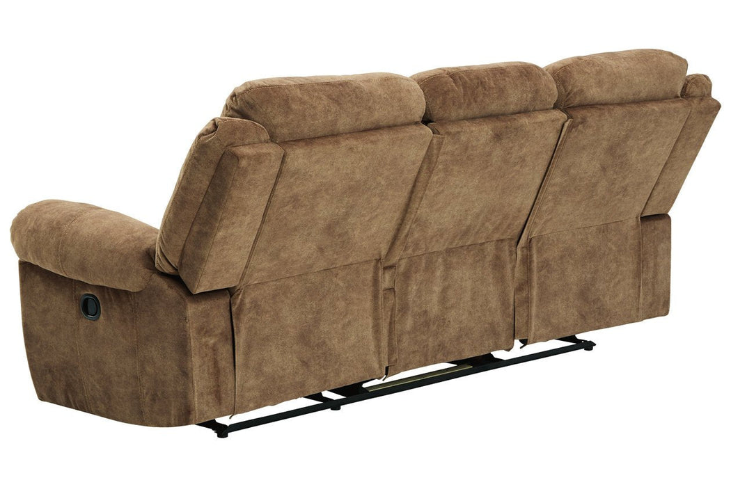 Huddle-Up Nutmeg Reclining Sofa with Drop Down Table - Lara Furniture