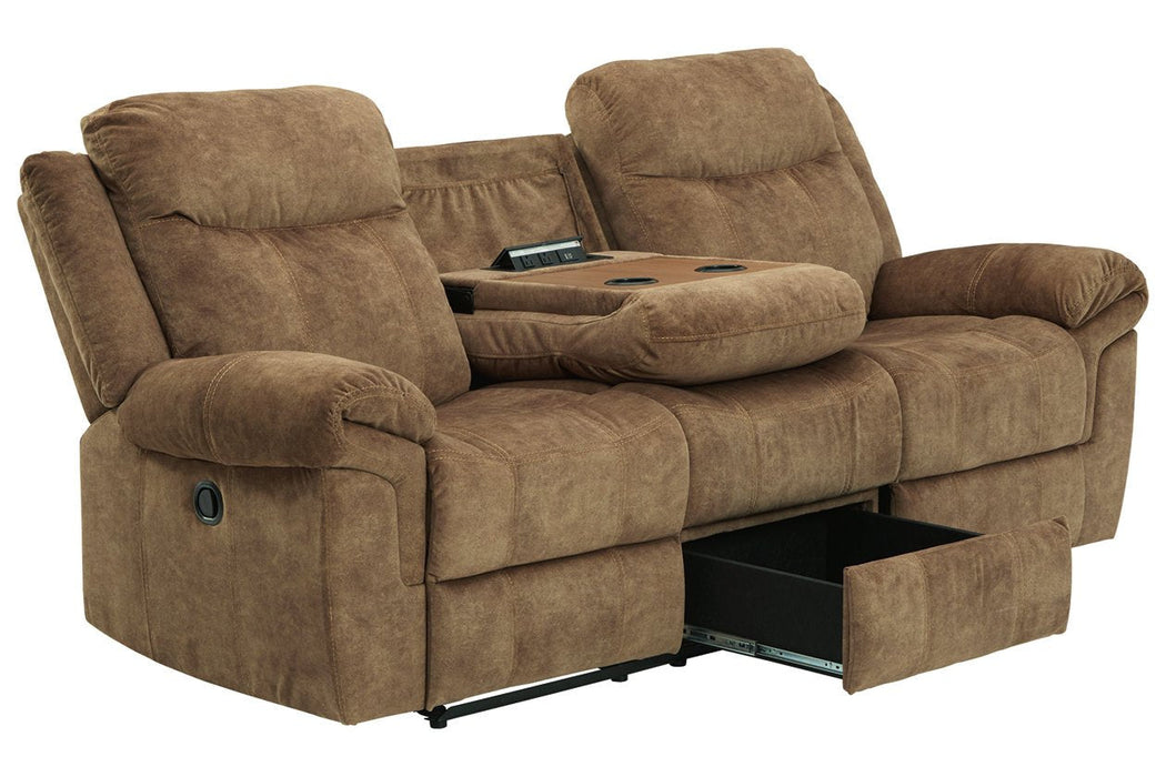 Huddle-Up Nutmeg Reclining Sofa with Drop Down Table - Lara Furniture