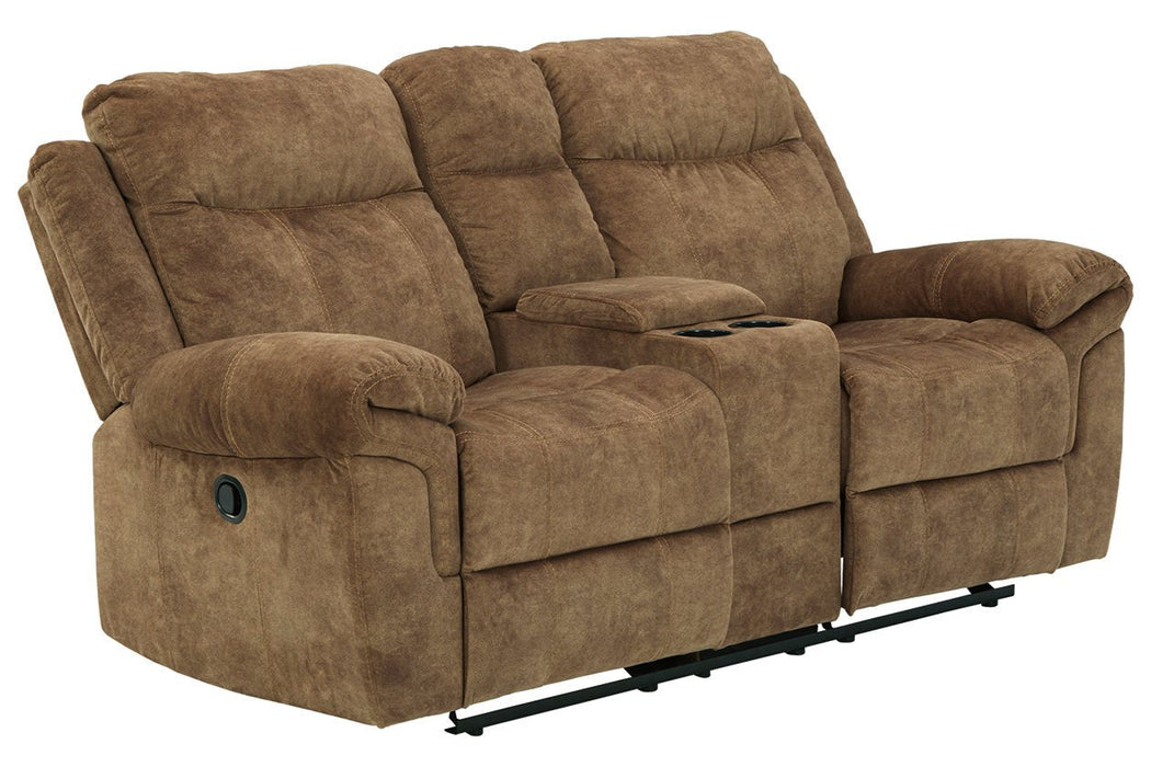 Huddle-Up Nutmeg Glider Reclining Loveseat with Console - Lara Furniture