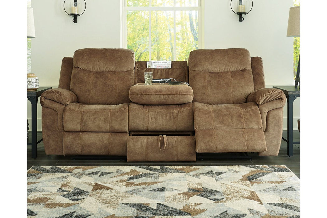 Huddle-Up Nutmeg Reclining Sofa with Drop Down Table - Lara Furniture