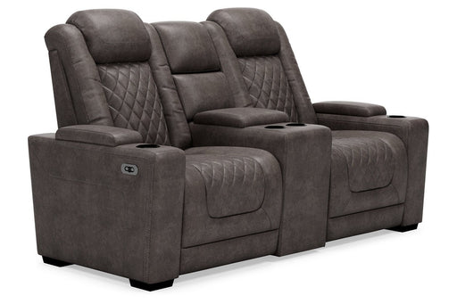 HyllMont Gray Power Reclining Loveseat with Console - Lara Furniture