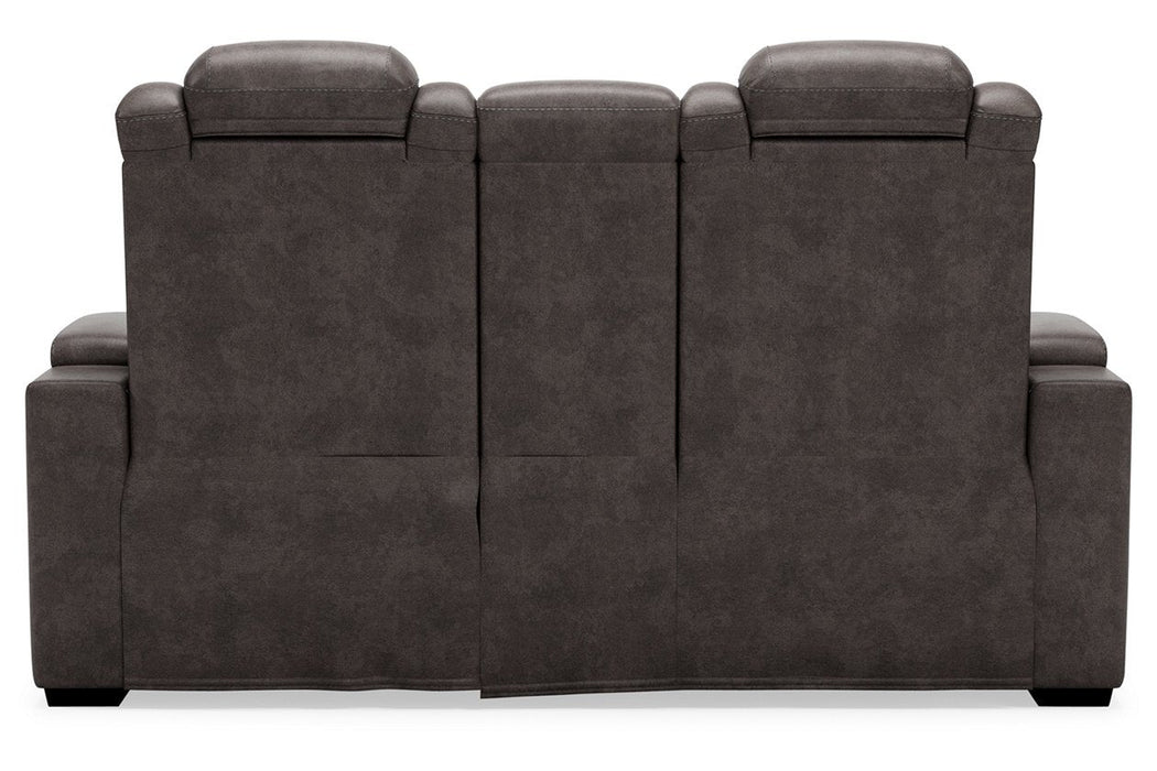 HyllMont Gray Power Reclining Loveseat with Console - Lara Furniture