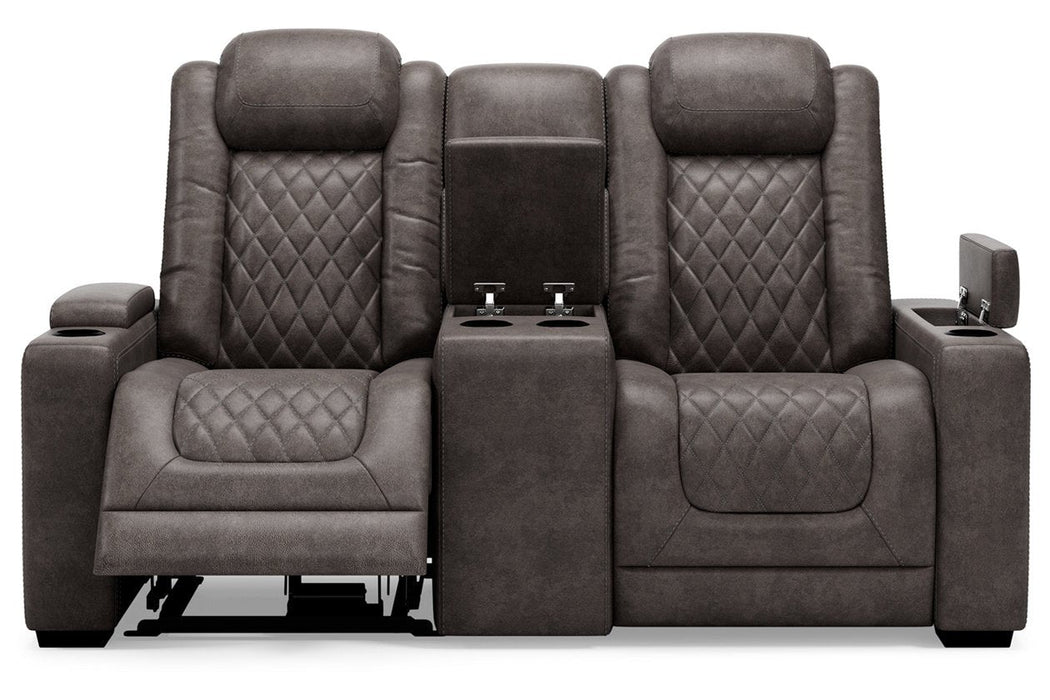 HyllMont Gray Power Reclining Loveseat with Console - Lara Furniture