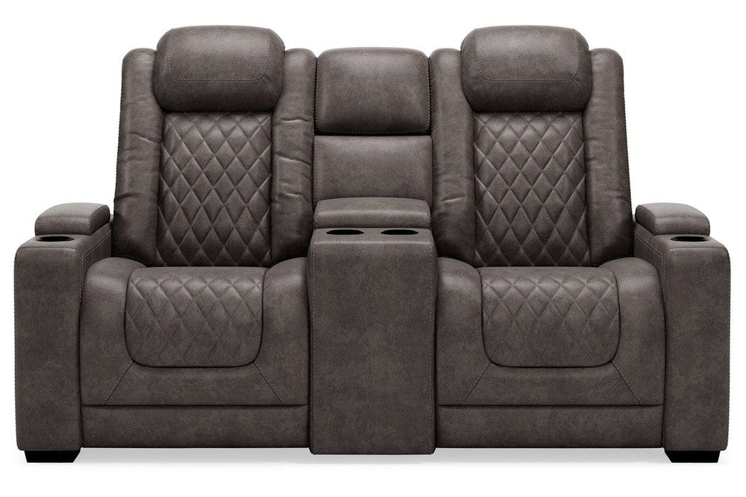 HyllMont Gray Power Reclining Loveseat with Console - Lara Furniture