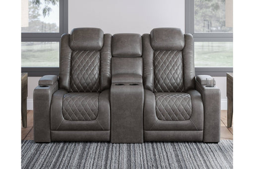 HyllMont Gray Power Reclining Loveseat with Console - Lara Furniture