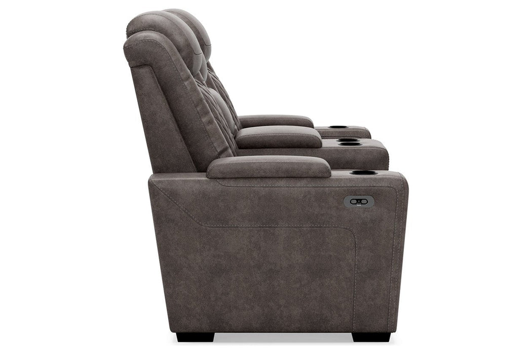 HyllMont Gray Power Reclining Loveseat with Console - Lara Furniture