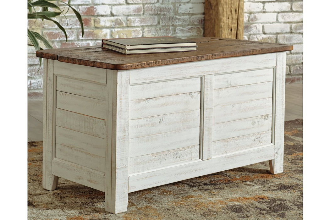 Dashbury Antique White/Brown Storage Trunk - Lara Furniture