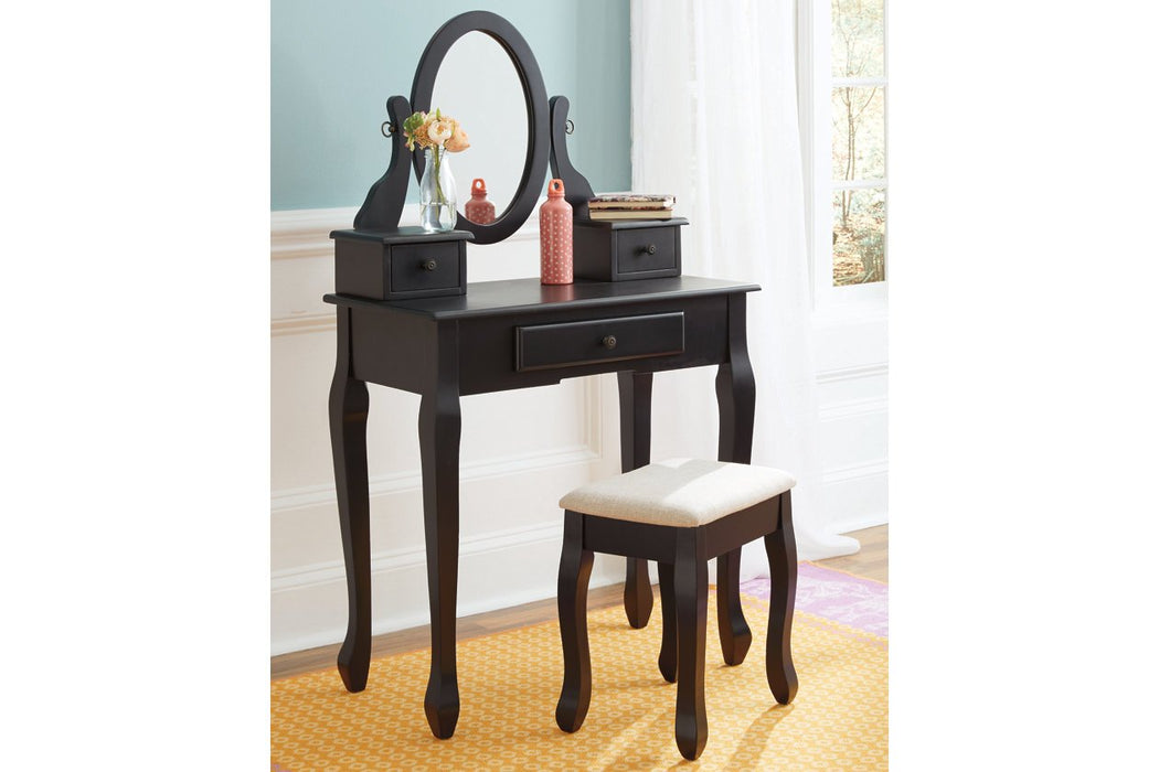 Huey Vineyard Black Vanity and Mirror with Stool - Lara Furniture