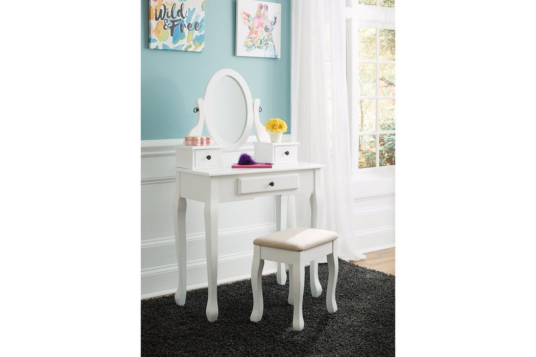 Kaslyn White Vanity and Mirror with Stool - Lara Furniture