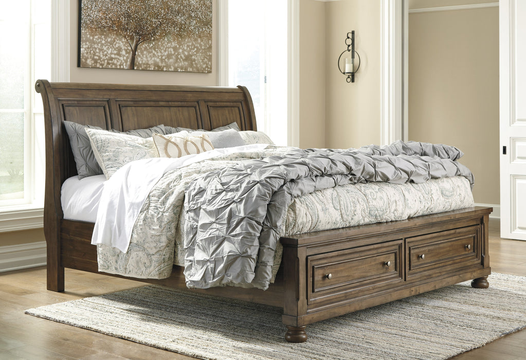 Flynnter Medium Brown King Storage Platform Sleigh Bed - Lara Furniture