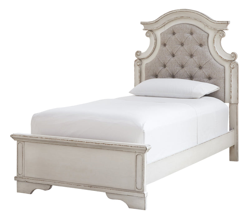 Realyn Chipped White Twin Upholstered Bed - Lara Furniture