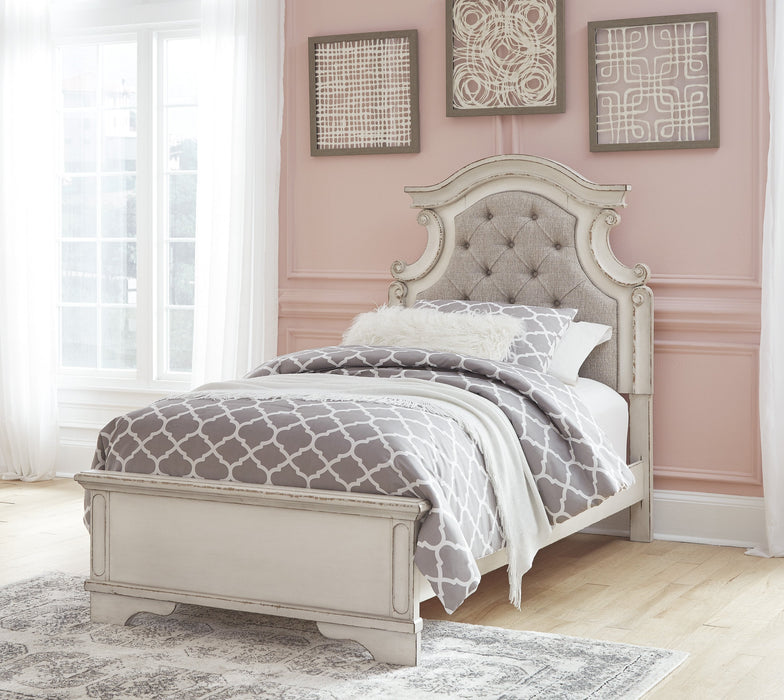 Realyn Chipped White Twin Upholstered Bed - Lara Furniture