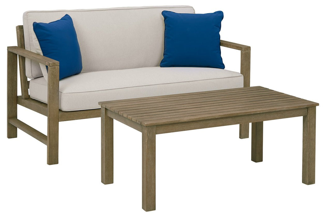 Fynnegan Light Brown Outdoor Loveseat with Table (Set of 2) - Lara Furniture