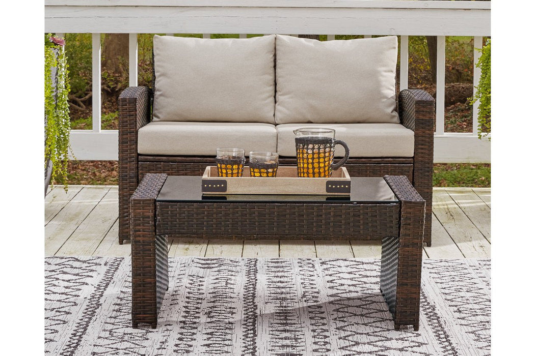 East Brook Dark Brown Outdoor Loveseat with Table (Set of 2) - Lara Furniture