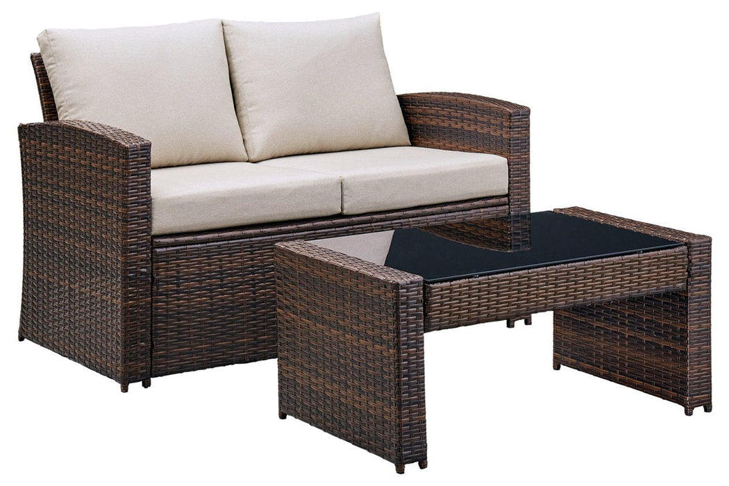 East Brook Dark Brown Outdoor Loveseat with Table (Set of 2) - Lara Furniture