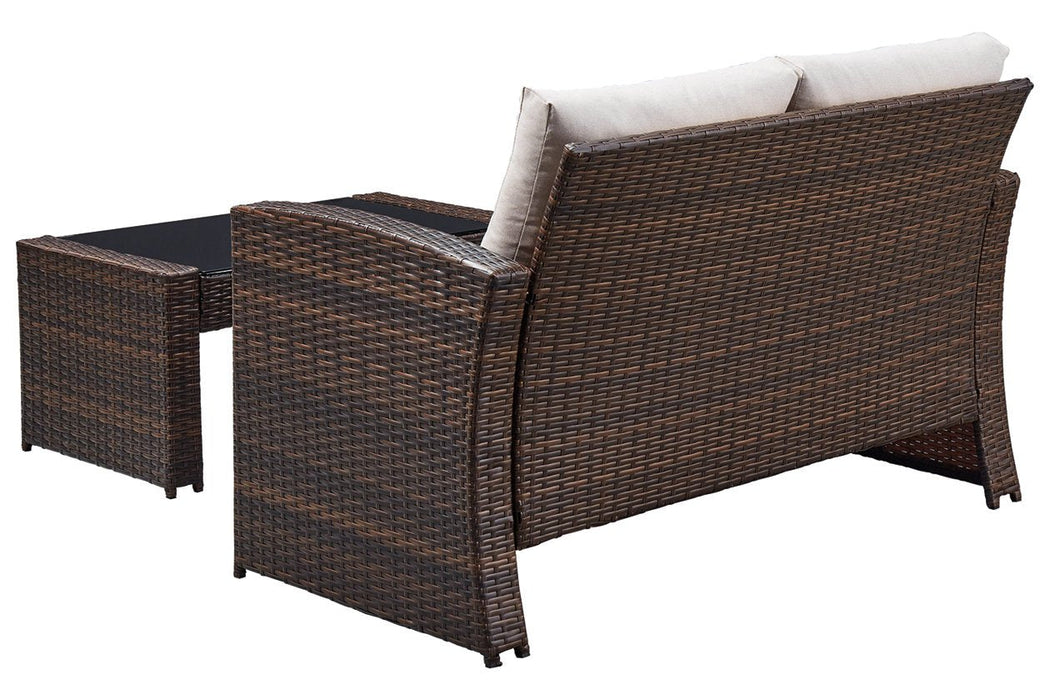 East Brook Dark Brown Outdoor Loveseat with Table (Set of 2) - Lara Furniture