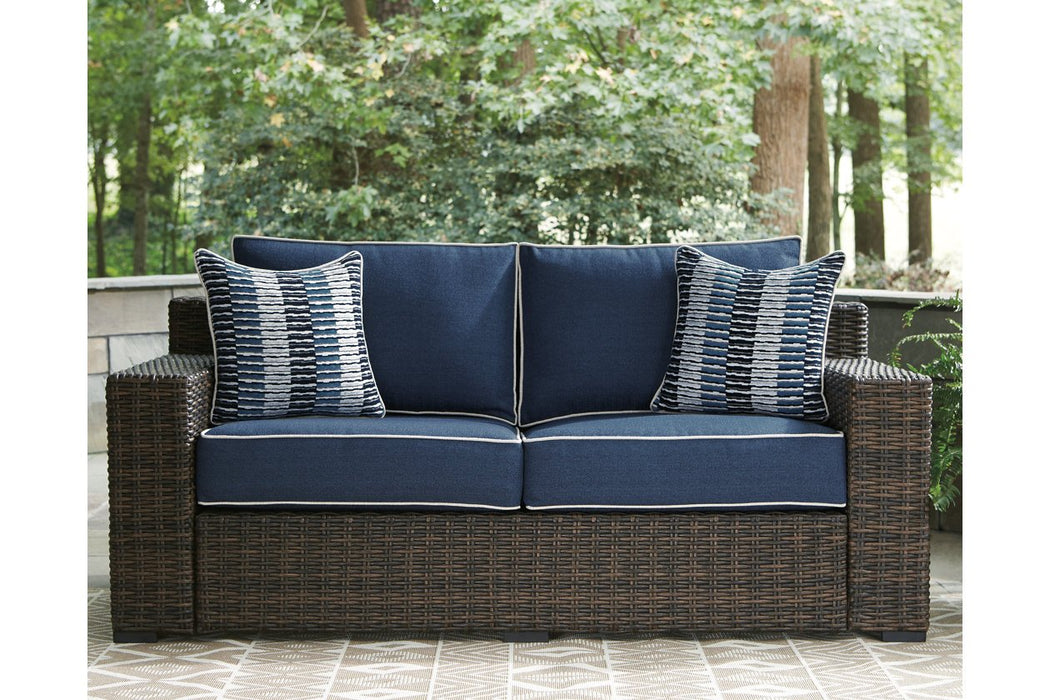 Grasson Lane Brown/Blue Loveseat with Cushion - Lara Furniture