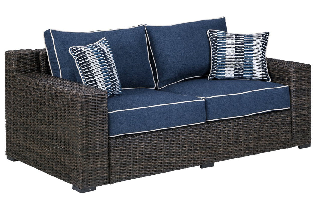 Grasson Lane Brown/Blue Loveseat with Cushion - Lara Furniture