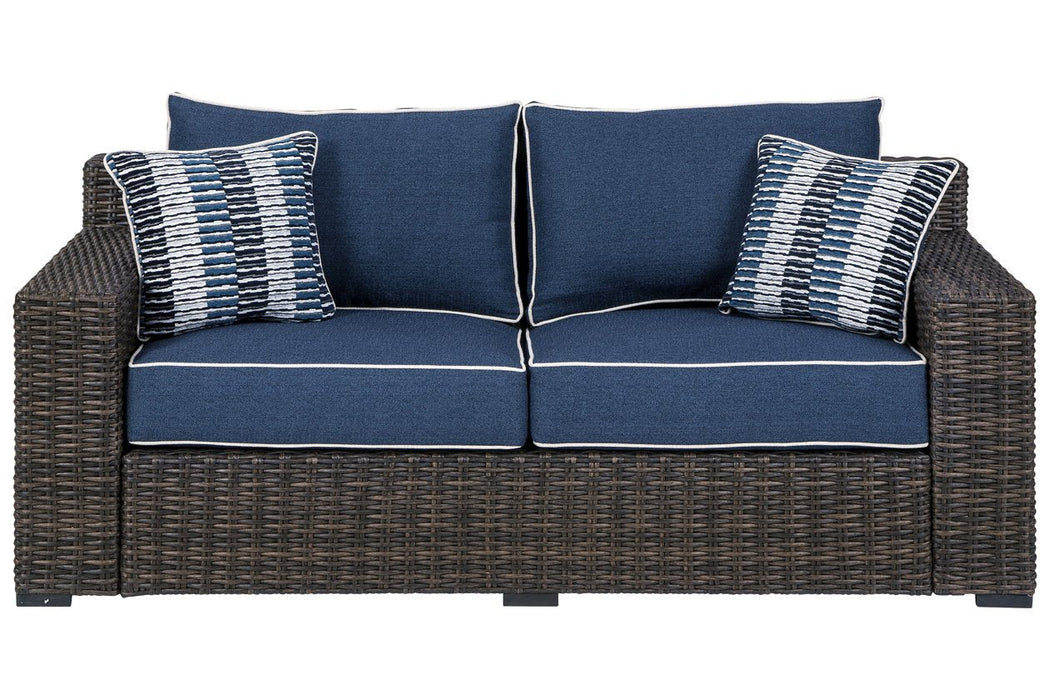 Grasson Lane Brown/Blue Loveseat with Cushion - Lara Furniture