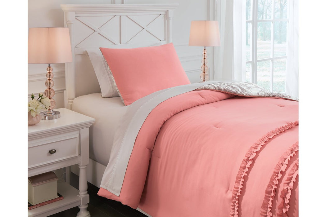 Avaleigh Pink/White/Gray Twin Comforter Set - Lara Furniture