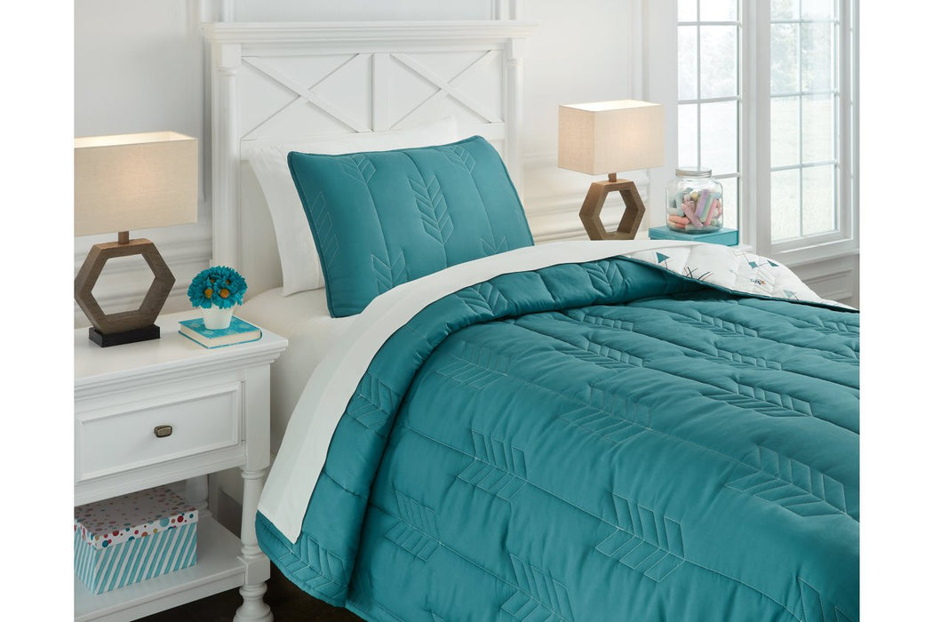 Averlett Teal/White/Gray Twin Quilt Set - Lara Furniture