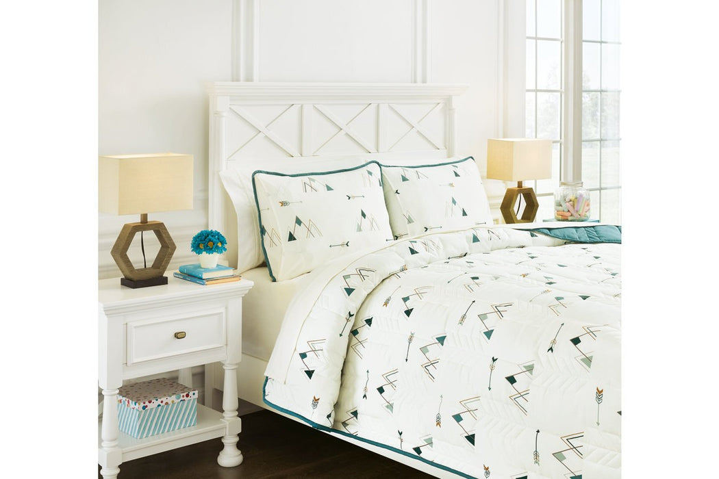 Averlett Teal/White/Gray Full Quilt Set - Lara Furniture