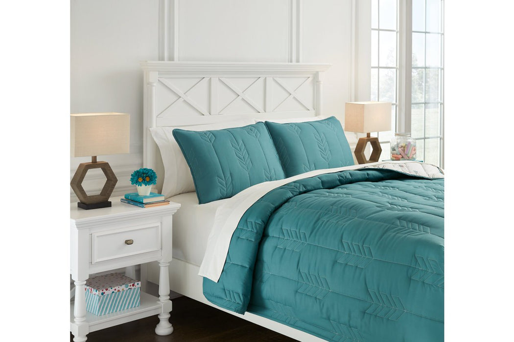 Averlett Teal/White/Gray Full Quilt Set - Lara Furniture