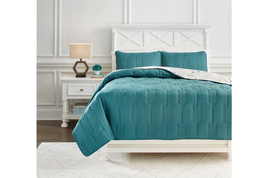 Averlett Teal/White/Gray Full Quilt Set - Lara Furniture