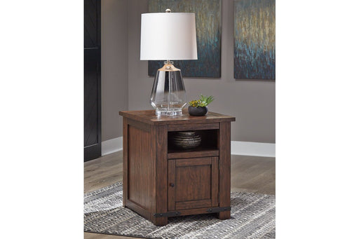 Budmore Brown End Table with USB Ports & Outlets - Lara Furniture